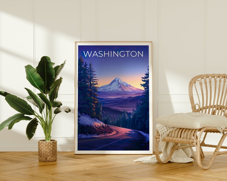 Affiche de voyage de Washington, art mural de l'État de Washington, impression de l'État de Washington, affiche de Washington, affiche du mont Hood, affiche de la nature
