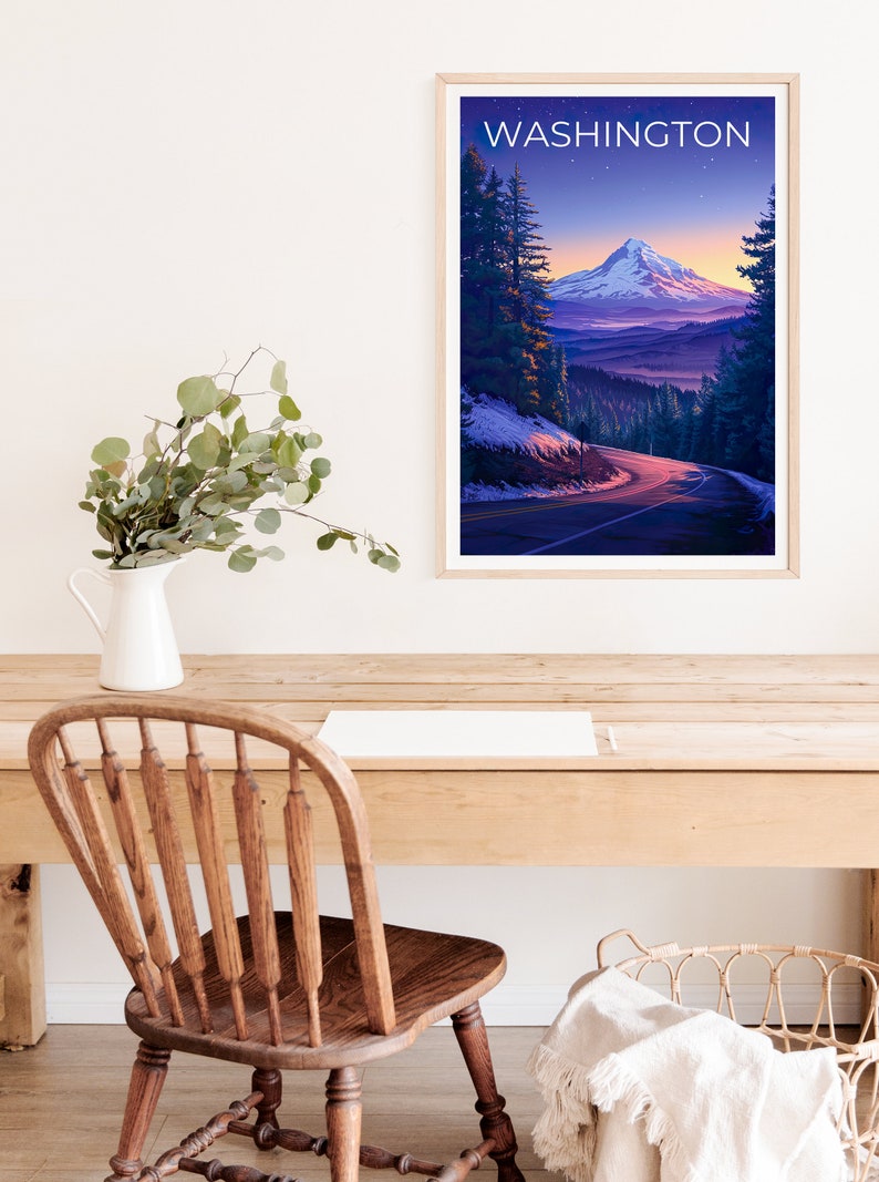 Affiche de voyage de Washington, art mural de l'État de Washington, impression de l'État de Washington, affiche de Washington, affiche du mont Hood, affiche de la nature