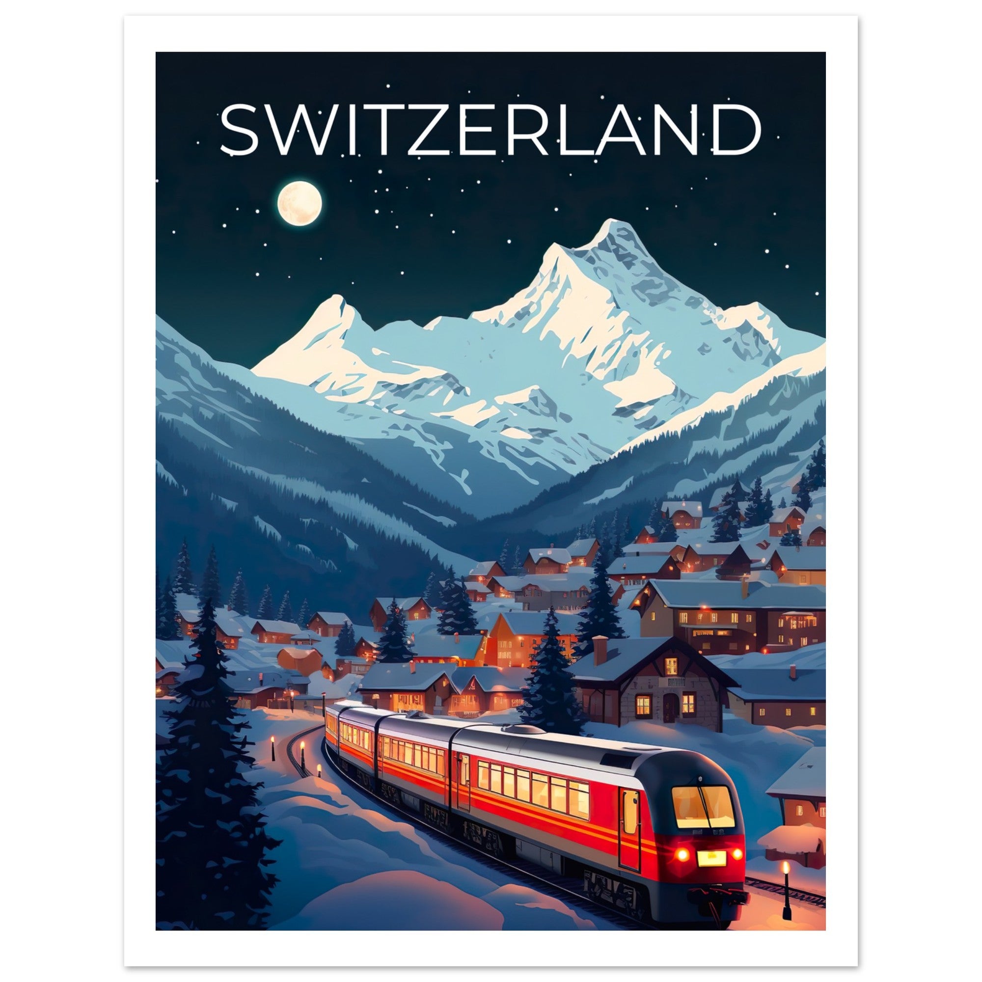 Switzerland Travel Print, Swiss Alps Poster, Swiss Train Wall Art, Mountain Illustration, Switzerland Poster, Home Decor, Birthday Gift