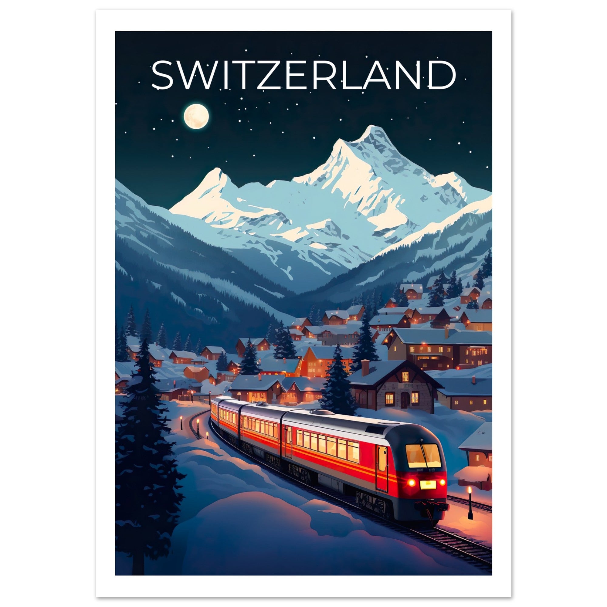 Switzerland Travel Print, Swiss Alps Poster, Swiss Train Wall Art, Mountain Illustration, Switzerland Poster, Home Decor, Birthday Gift