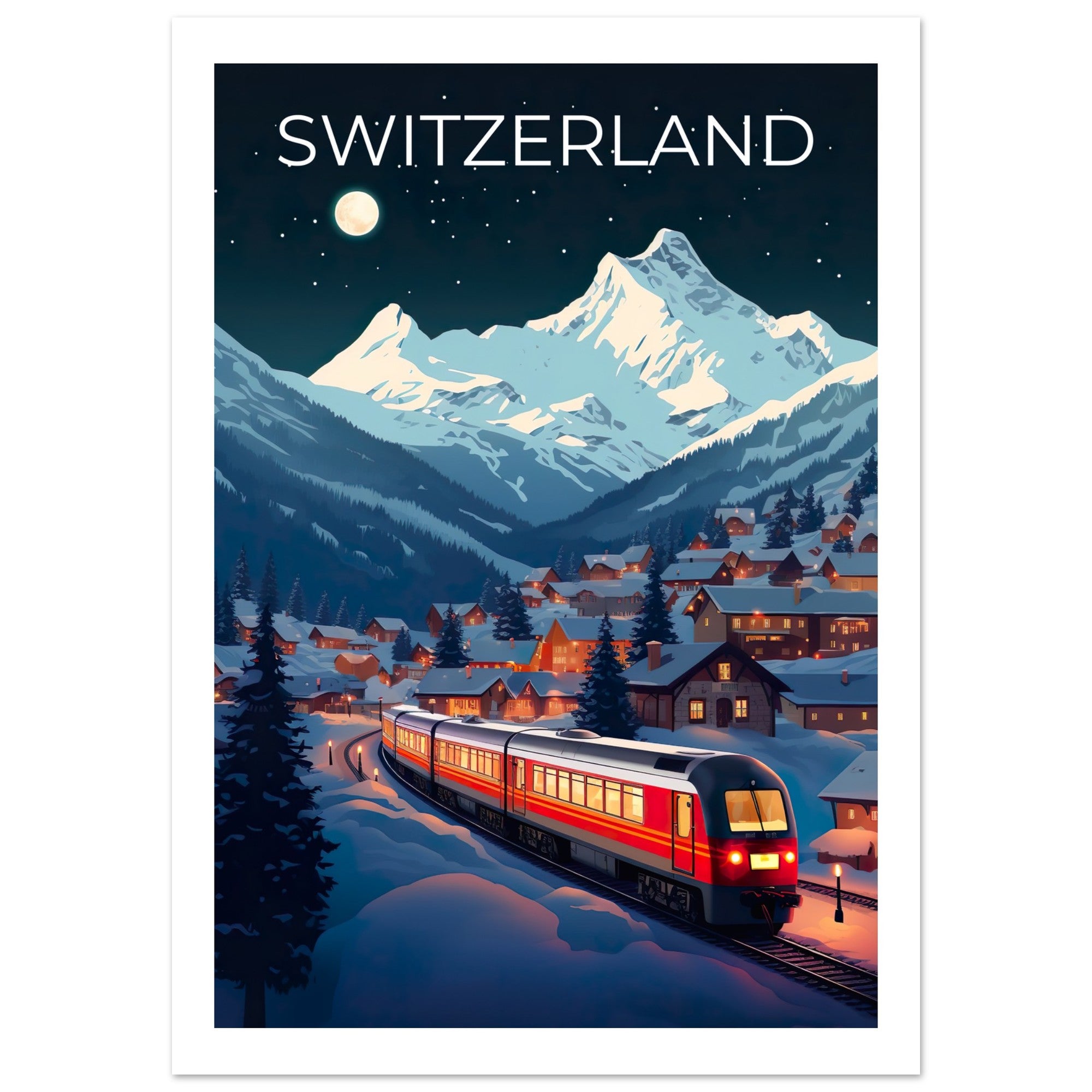 Switzerland Travel Print, Swiss Alps Poster, Swiss Train Wall Art, Mountain Illustration, Switzerland Poster, Home Decor, Birthday Gift
