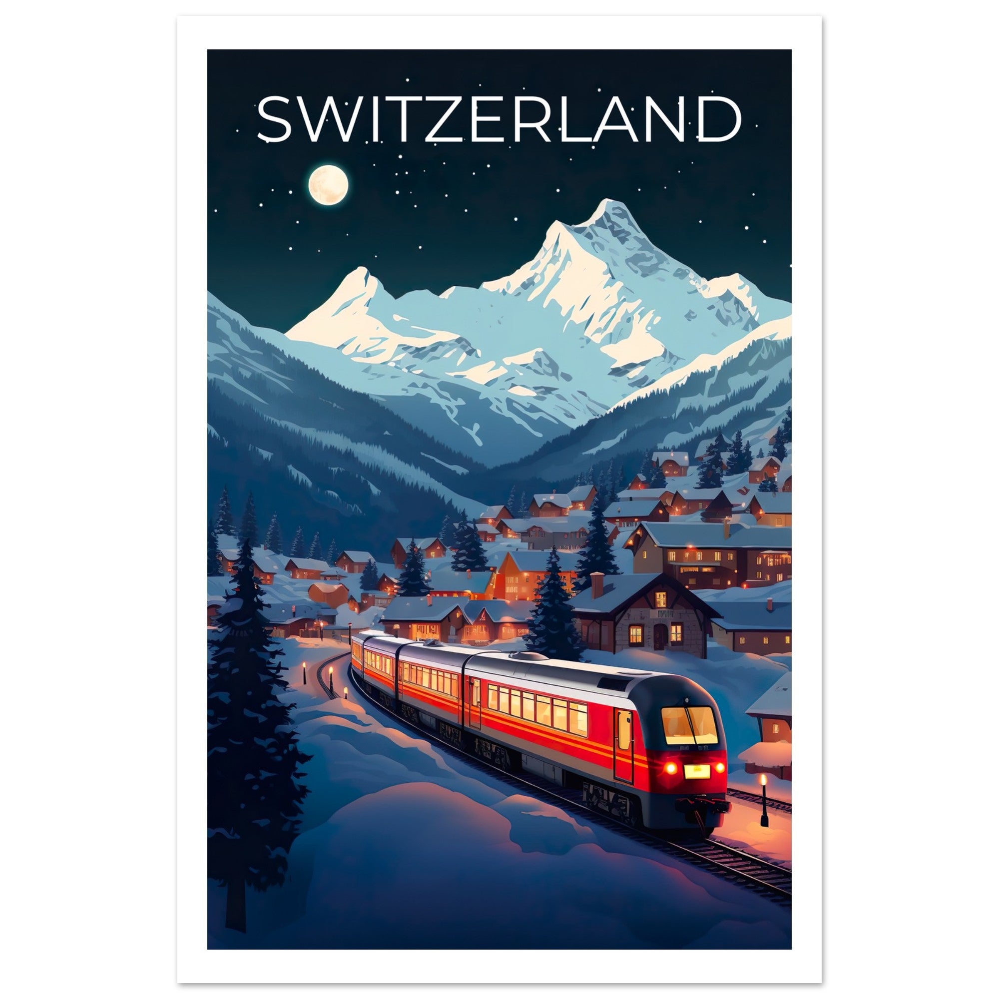 Switzerland Travel Print, Swiss Alps Poster, Swiss Train Wall Art, Mountain Illustration, Switzerland Poster, Home Decor, Birthday Gift