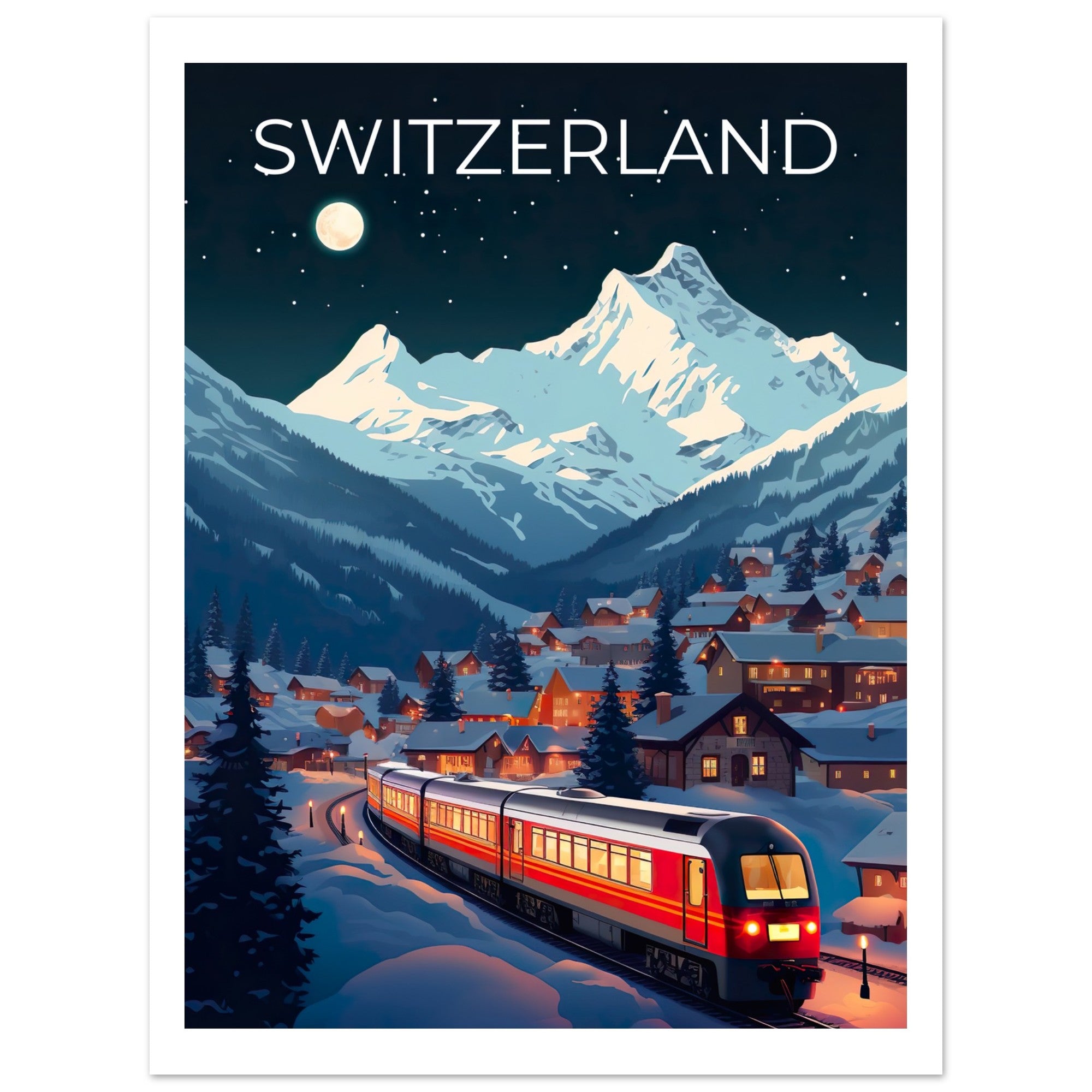 Switzerland Travel Print, Swiss Alps Poster, Swiss Train Wall Art, Mountain Illustration, Switzerland Poster, Home Decor, Birthday Gift