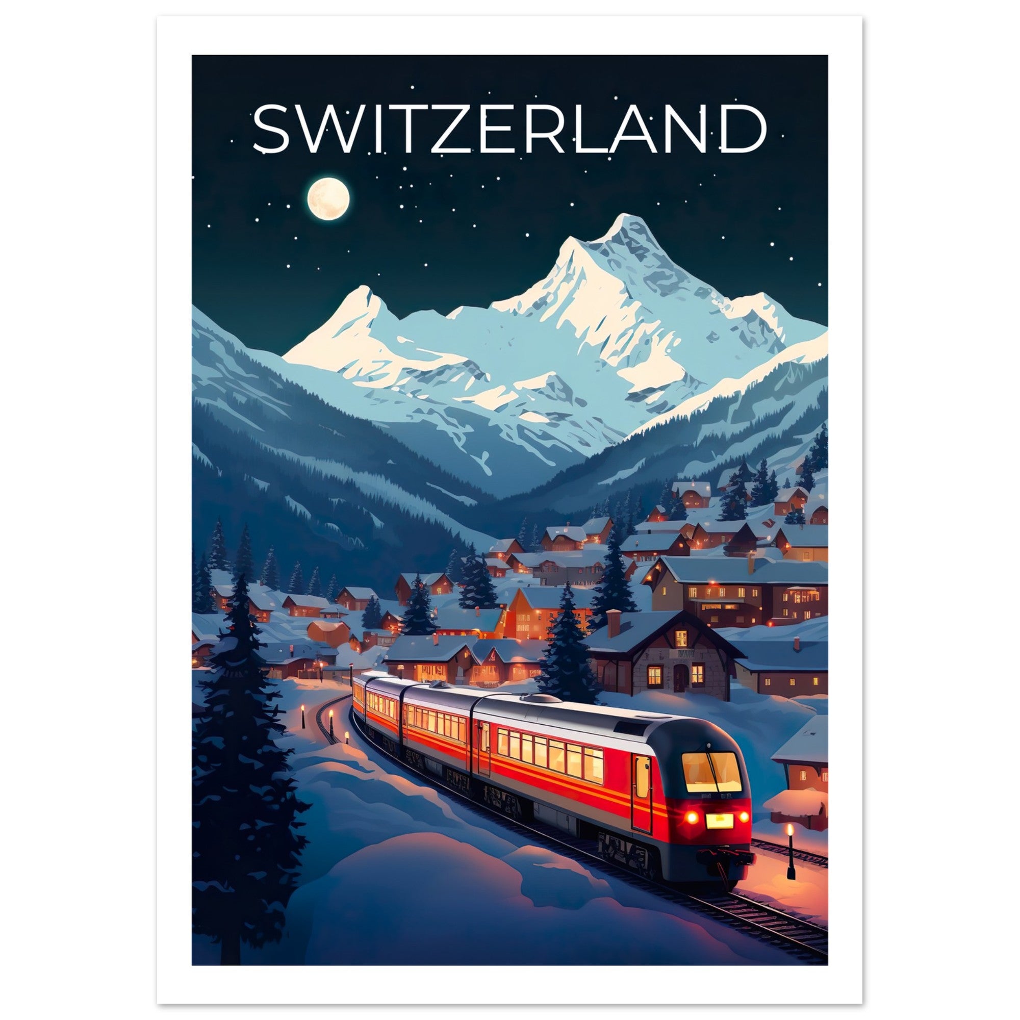 Switzerland Travel Print, Swiss Alps Poster, Swiss Train Wall Art, Mountain Illustration, Switzerland Poster, Home Decor, Birthday Gift
