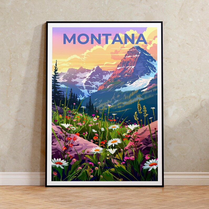 Montana Poster, Montana Print, Mountain Poster, Mountain Art, Flowers Poster, Forest Print, Birthday Gift