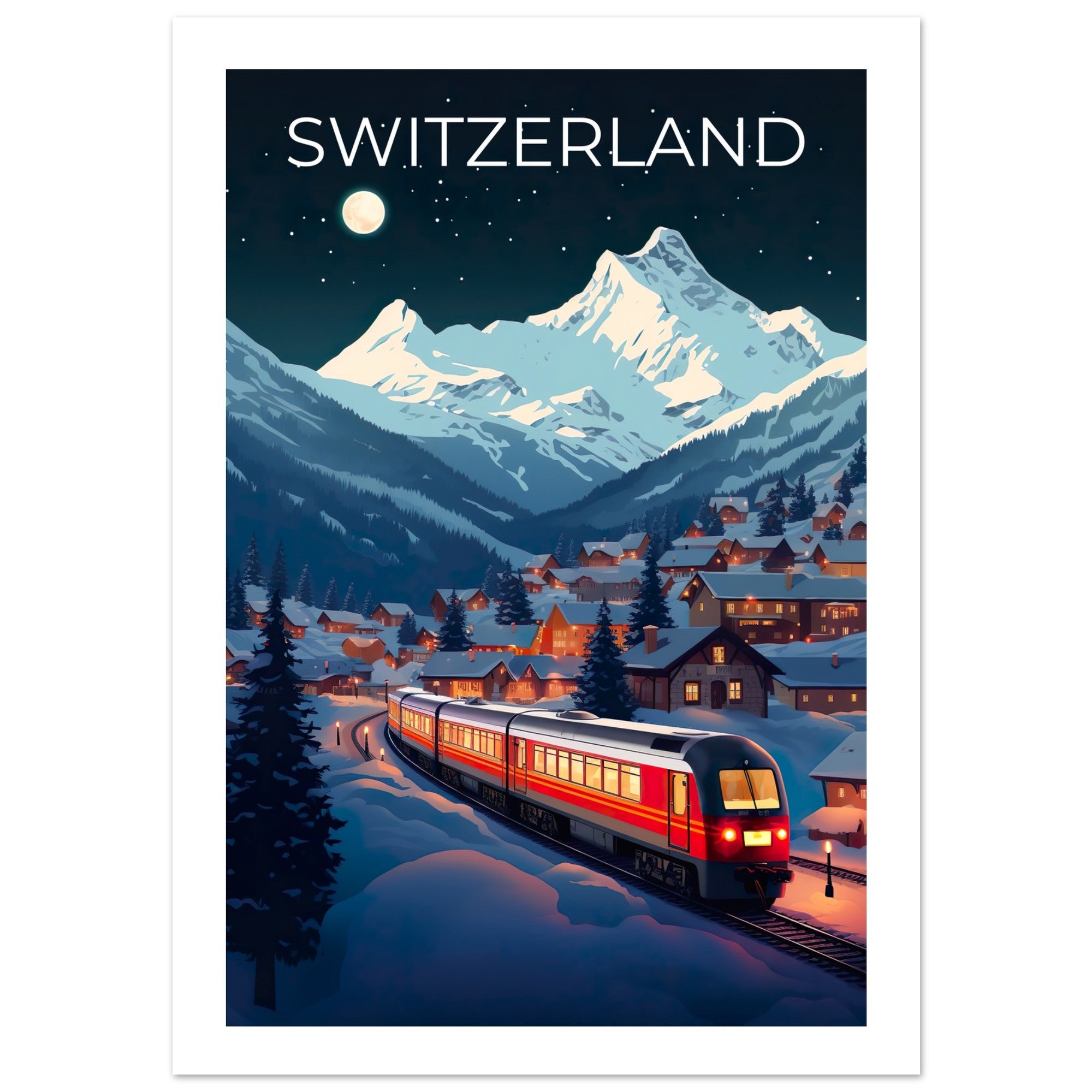 Switzerland Travel Print, Swiss Alps Poster, Swiss Train Wall Art, Mountain Illustration, Switzerland Poster, Home Decor, Birthday Gift