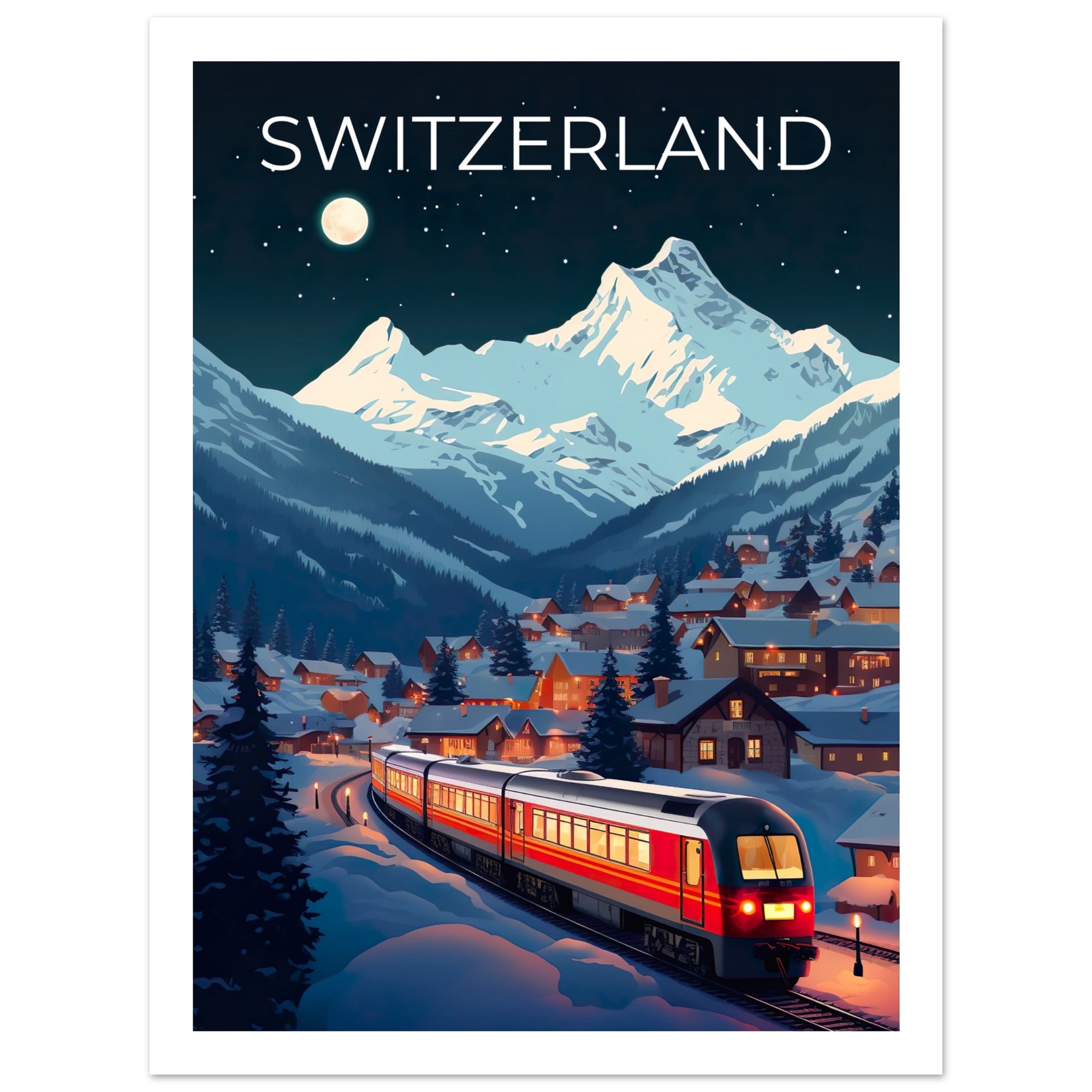 Switzerland Travel Print, Swiss Alps Poster, Swiss Train Wall Art, Mountain Illustration, Switzerland Poster, Home Decor, Birthday Gift