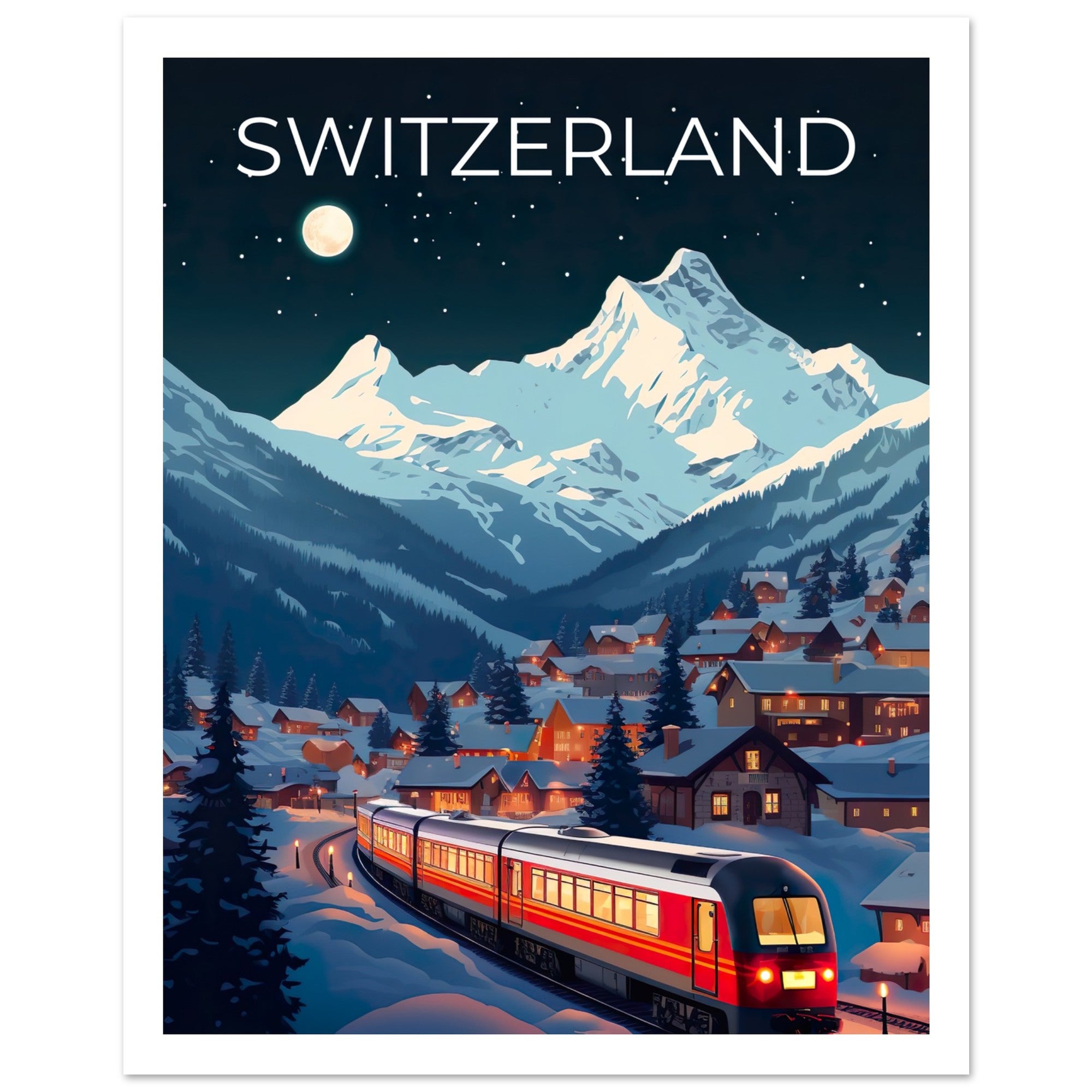 Switzerland Travel Print, Swiss Alps Poster, Swiss Train Wall Art, Mountain Illustration, Switzerland Poster, Home Decor, Birthday Gift