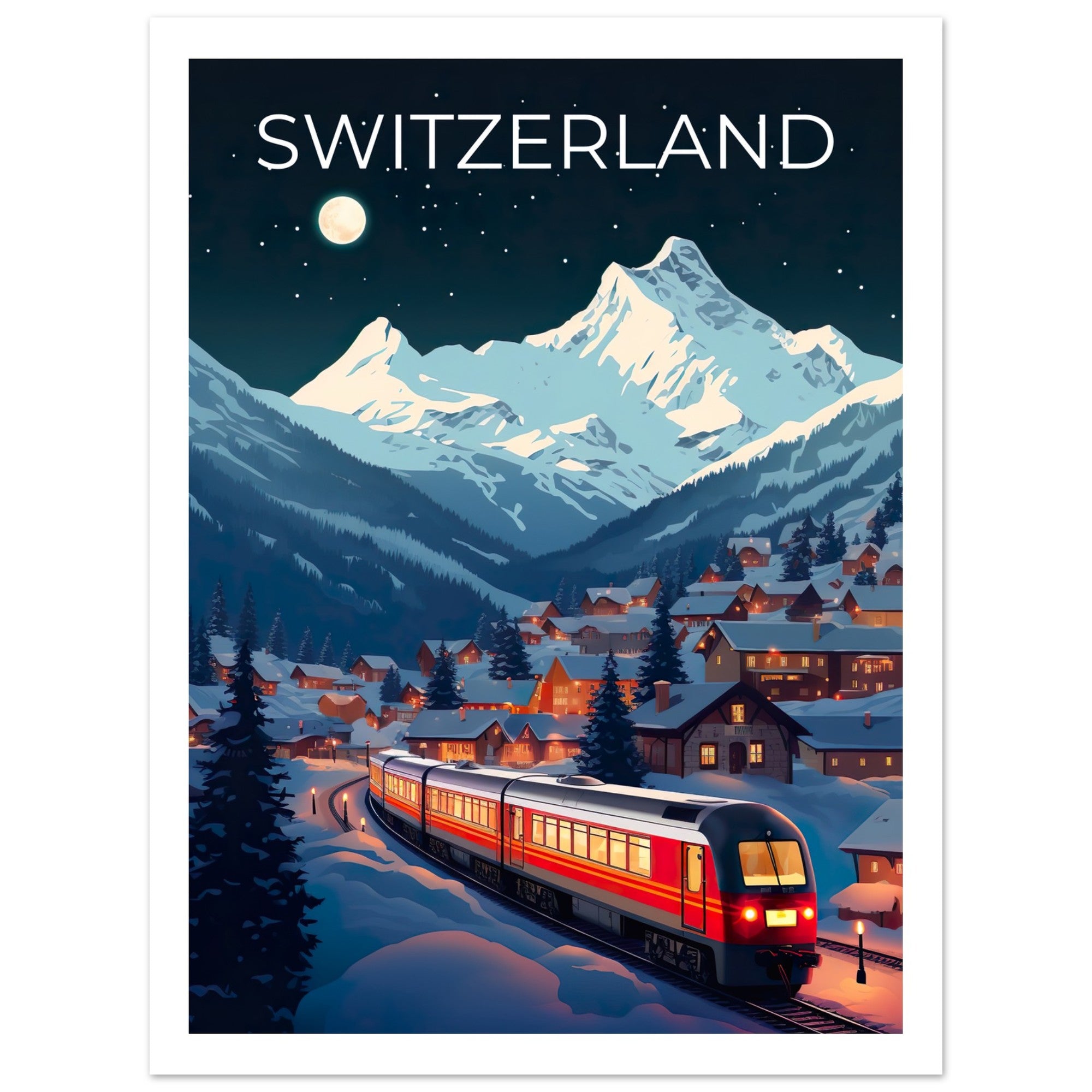 Switzerland Travel Print, Swiss Alps Poster, Swiss Train Wall Art, Mountain Illustration, Switzerland Poster, Home Decor, Birthday Gift