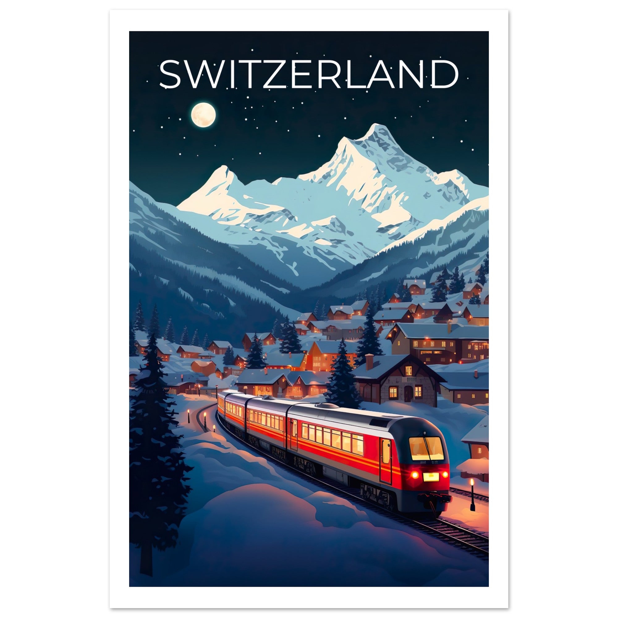 Switzerland Travel Print, Swiss Alps Poster, Swiss Train Wall Art, Mountain Illustration, Switzerland Poster, Home Decor, Birthday Gift
