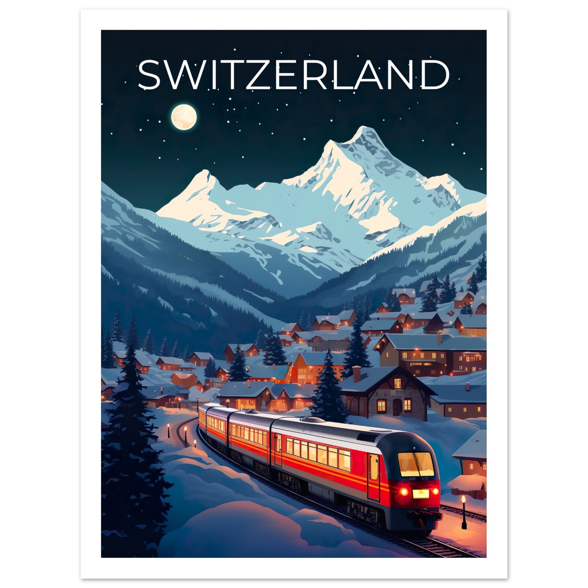Switzerland Travel Print, Swiss Alps Poster, Swiss Train Wall Art, Mountain Illustration, Switzerland Poster, Home Decor, Birthday Gift