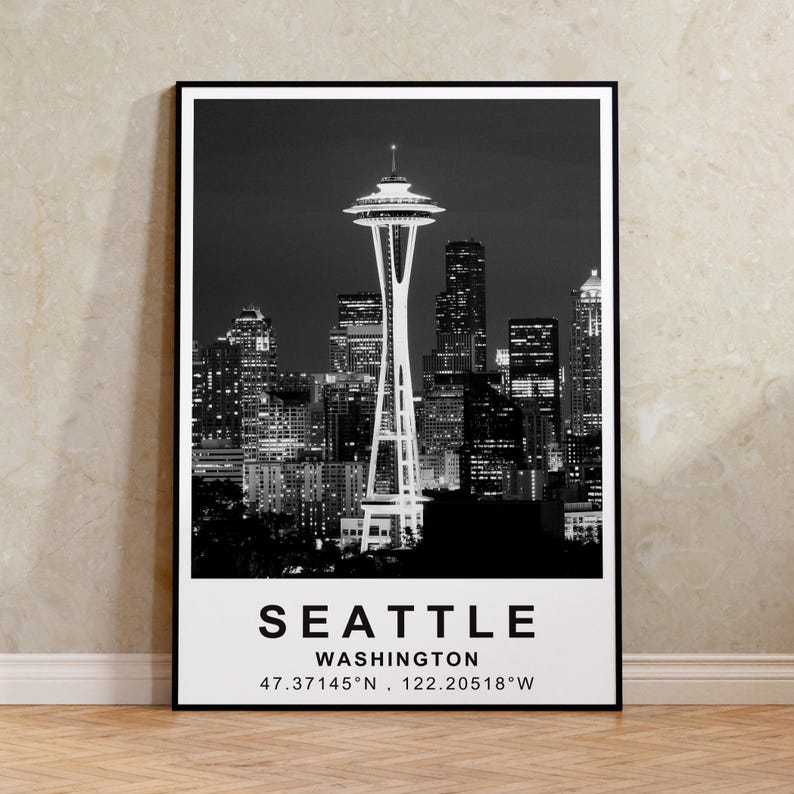 Seattle Poster, Washington Travel Print, Space Needle Art, Modern Architecture Illustration, Landscape Poster, Home Decor, Birthday Gift