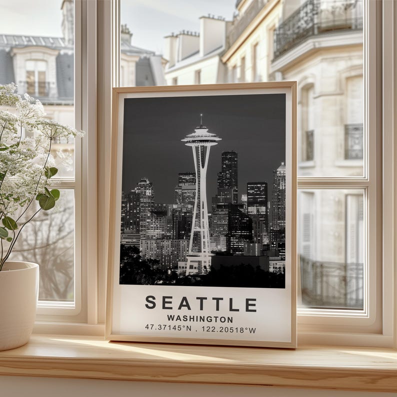 Seattle Poster, Washington Travel Print, Space Needle Art, Modern Architecture Illustration, Landscape Poster, Home Decor, Birthday Gift