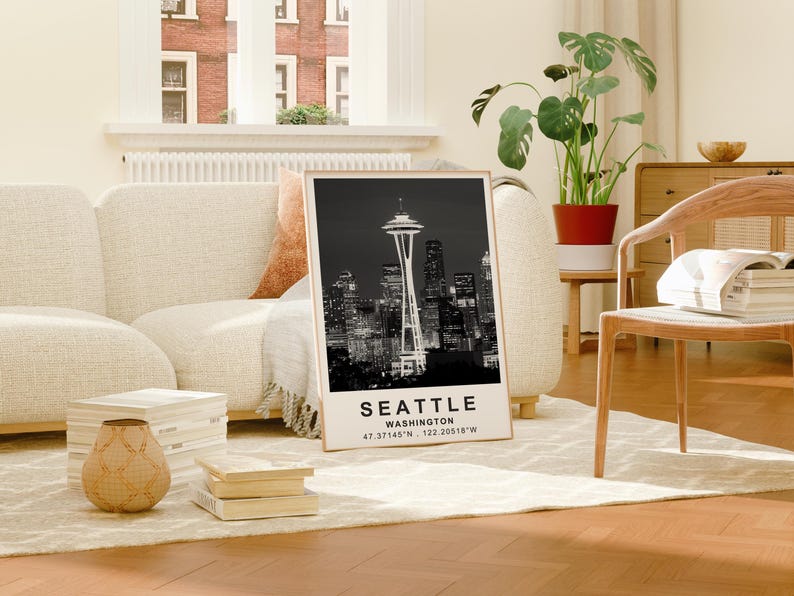 Seattle Poster, Washington Travel Print, Space Needle Art, Modern Architecture Illustration, Landscape Poster, Home Decor, Birthday Gift