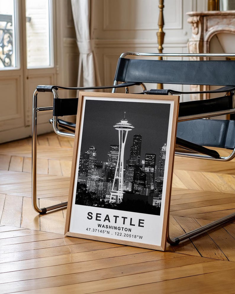 Seattle Poster, Washington Travel Print, Space Needle Art, Modern Architecture Illustration, Landscape Poster, Home Decor, Birthday Gift