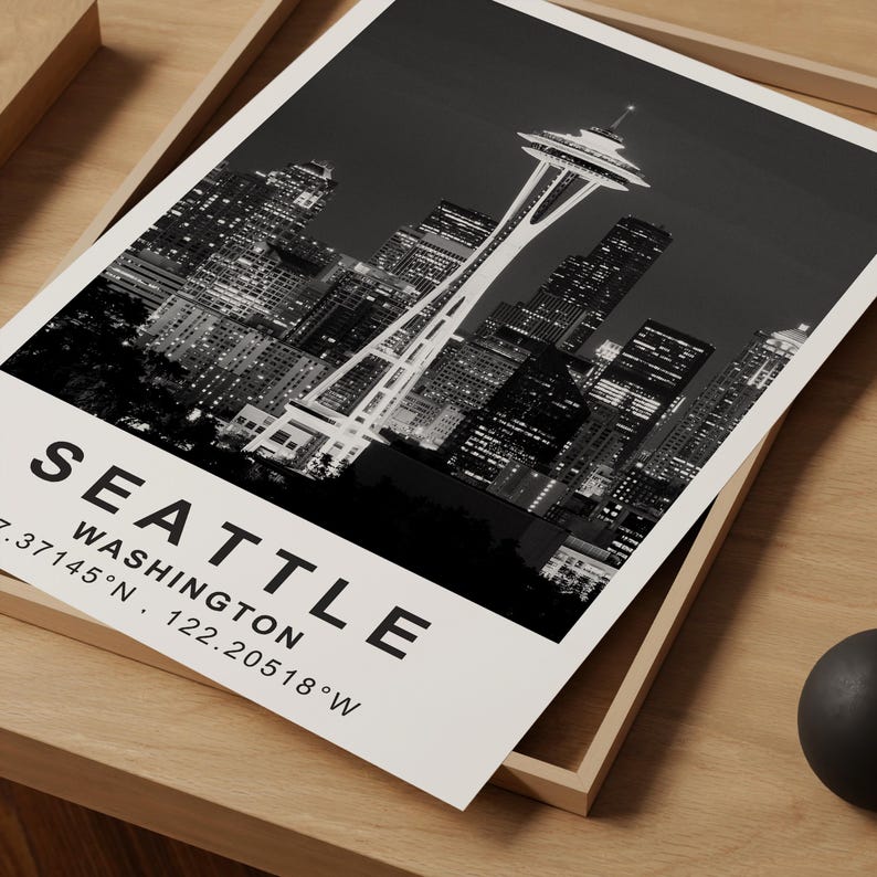 Seattle Poster, Washington Travel Print, Space Needle Art, Modern Architecture Illustration, Landscape Poster, Home Decor, Birthday Gift