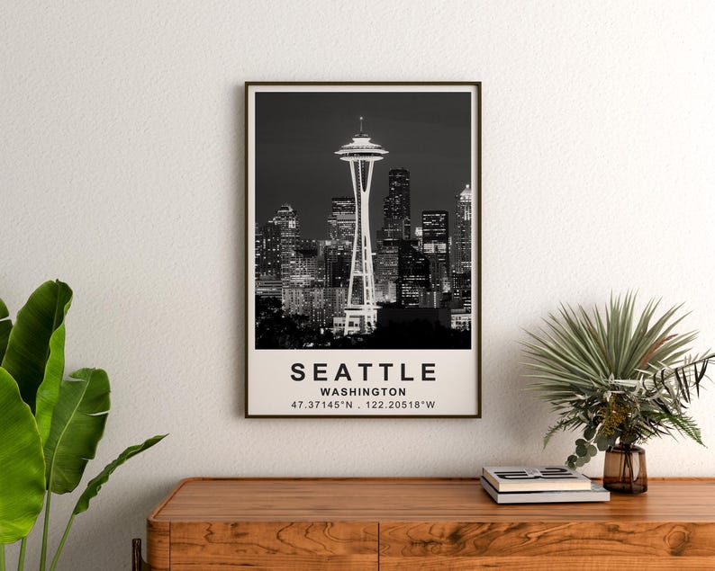 Seattle Poster, Washington Travel Print, Space Needle Art, Modern Architecture Illustration, Landscape Poster, Home Decor, Birthday Gift