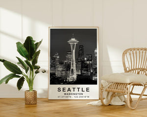 Seattle Poster, Washington Travel Print, Space Needle Art, Modern Architecture Illustration, Landscape Poster, Home Decor, Birthday Gift