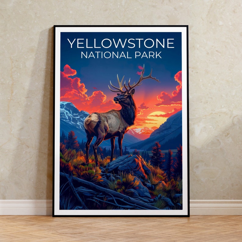Affiche du parc national de Yellowstone, impression Yellowstone, affiche Wyoming, impression Wyoming, affiche Yellowstone, affiche cerf, art Yellowstone