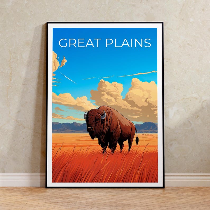 Great Plains Travel Print Bison Poster Americana Wall Art Rustic Illustration Great Plains  Poster Home Decor Birthday Gift