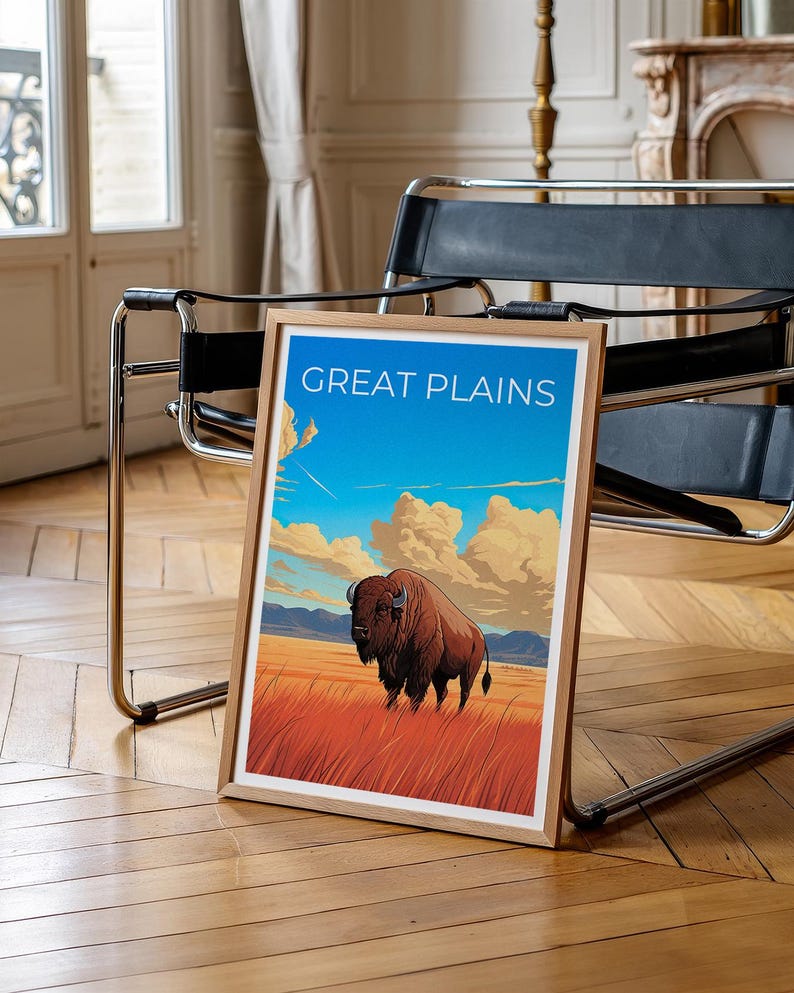 Great Plains Travel Print Bison Poster Americana Wall Art Rustic Illustration Great Plains  Poster Home Decor Birthday Gift