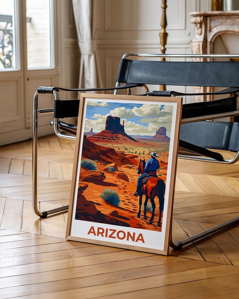 Monument Valley Travel Print, Arizona Poster, Cowboy Wall Art, Horse Illustration, Monument Valley Poster, Home Decor, Birthday Gift