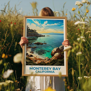 Monterey Bay Travel Print California Poster Coastal Wall Art Beach Illustration Monterey Bay Poster Home Decor Birthday Gift