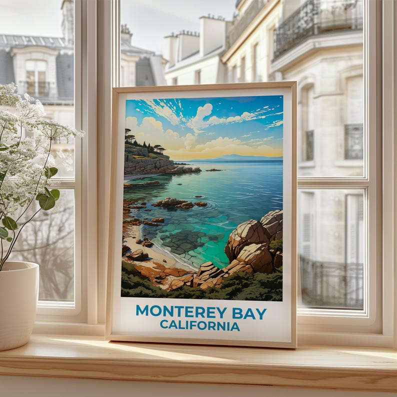 Monterey Bay Travel Print California Poster Coastal Wall Art Beach Illustration Monterey Bay Poster Home Decor Birthday Gift