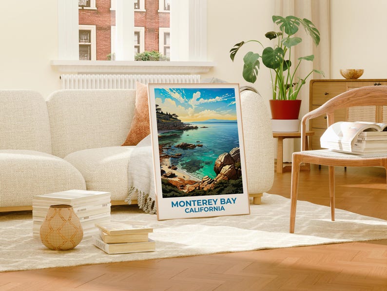 Monterey Bay Travel Print California Poster Coastal Wall Art Beach Illustration Monterey Bay Poster Home Decor Birthday Gift
