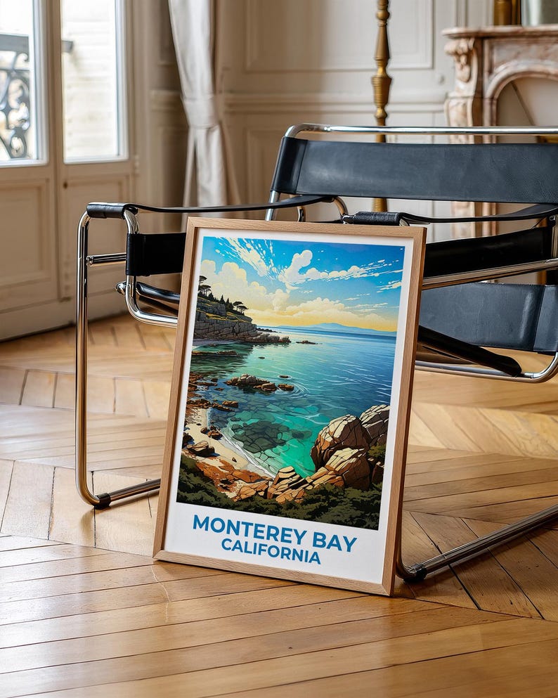 Monterey Bay Travel Print California Poster Coastal Wall Art Beach Illustration Monterey Bay Poster Home Decor Birthday Gift