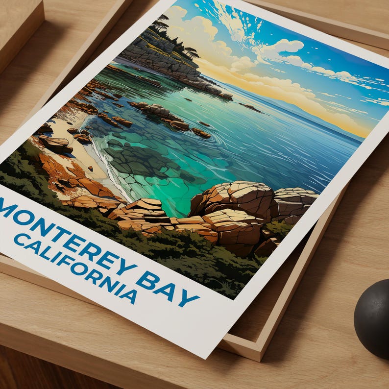 Monterey Bay Travel Print California Poster Coastal Wall Art Beach Illustration Monterey Bay Poster Home Decor Birthday Gift