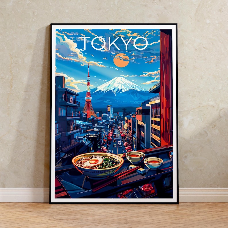 Tokyo Poster, Japan Travel Print, Japanese Ramen Art, Mount Fuji Illustration, Landscape Poster, Home Decor, Birthday Gift