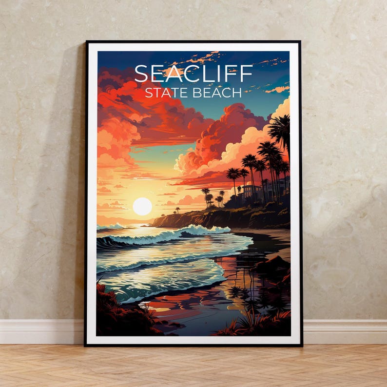 Seacliff State Beach Travel Print California Poster Coastal Wall Art Santa Cruz Illustration Landscape Poster Home Decor Birthday Gift