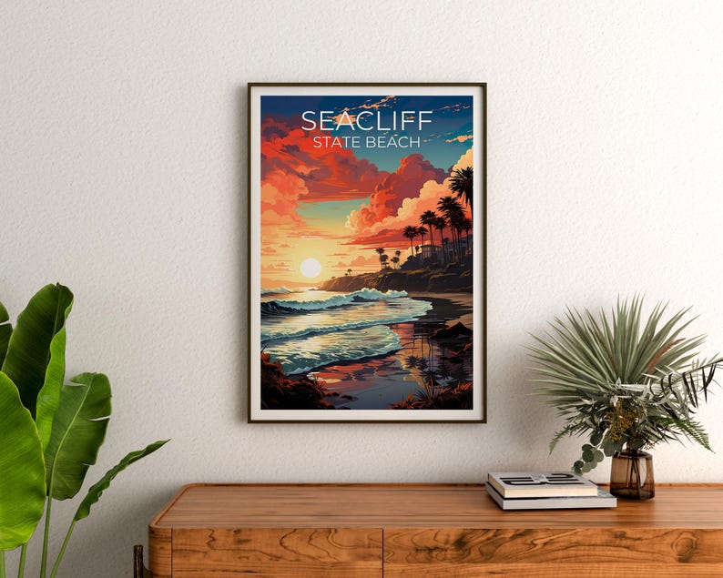 Seacliff State Beach Travel Print California Poster Coastal Wall Art Santa Cruz Illustration Landscape Poster Home Decor Birthday Gift