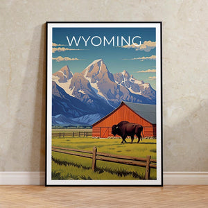 Wyoming Travel Print, Grand Teton Poster, Bison Wall Art, Wildlife Illustration, Wyoming Poster, Home Decor, Birthday Gift