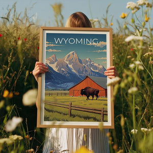 Wyoming Travel Print, Grand Teton Poster, Bison Wall Art, Wildlife Illustration, Wyoming Poster, Home Decor, Birthday Gift