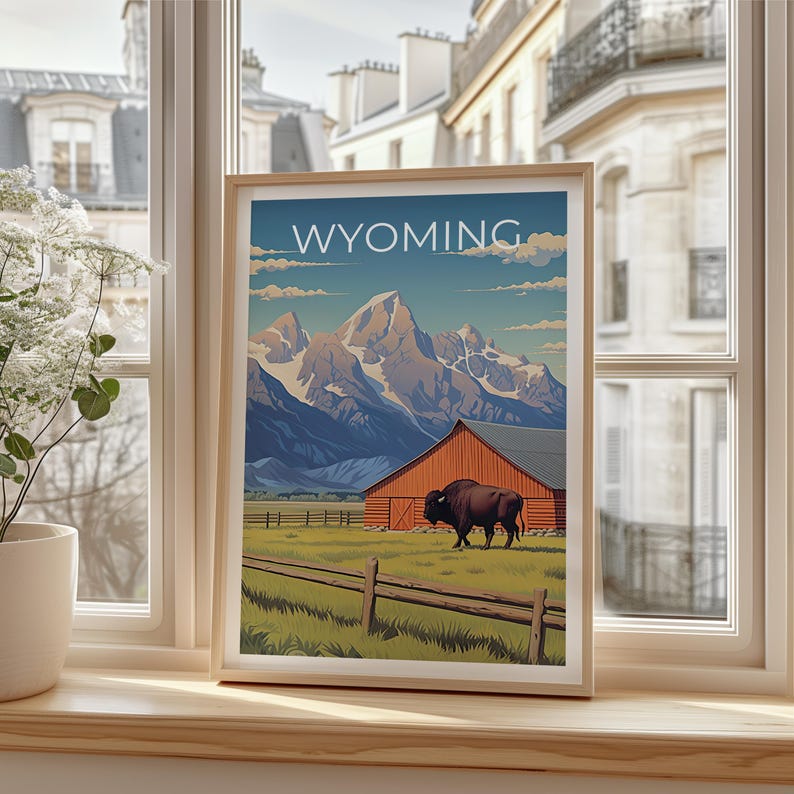 Wyoming Travel Print, Grand Teton Poster, Bison Wall Art, Wildlife Illustration, Wyoming Poster, Home Decor, Birthday Gift