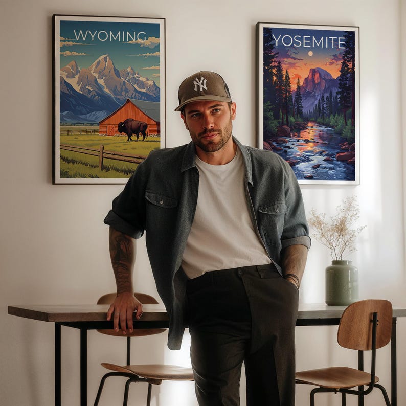 Wyoming Travel Print, Grand Teton Poster, Bison Wall Art, Wildlife Illustration, Wyoming Poster, Home Decor, Birthday Gift