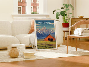 Wyoming Travel Print, Grand Teton Poster, Bison Wall Art, Wildlife Illustration, Wyoming Poster, Home Decor, Birthday Gift