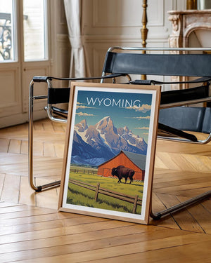 Wyoming Travel Print, Grand Teton Poster, Bison Wall Art, Wildlife Illustration, Wyoming Poster, Home Decor, Birthday Gift