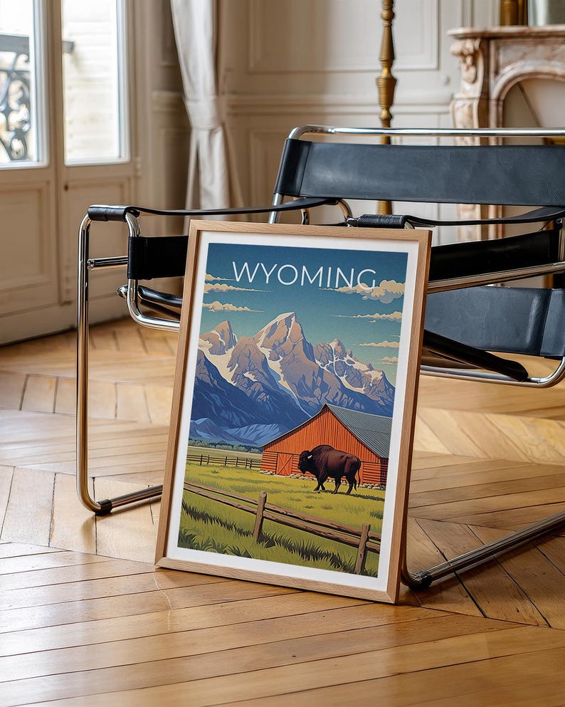 Wyoming Travel Print, Grand Teton Poster, Bison Wall Art, Wildlife Illustration, Wyoming Poster, Home Decor, Birthday Gift