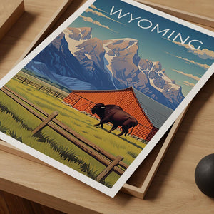 Wyoming Travel Print, Grand Teton Poster, Bison Wall Art, Wildlife Illustration, Wyoming Poster, Home Decor, Birthday Gift