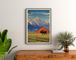 Wyoming Travel Print, Grand Teton Poster, Bison Wall Art, Wildlife Illustration, Wyoming Poster, Home Decor, Birthday Gift