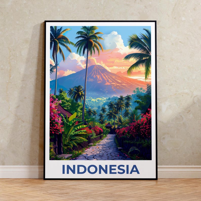 Bali Poster, Indonesia Travel Print, Tropical Island Art, Mountains Illustration, Scenic Wall Art, Home Decor, Birthday Gift