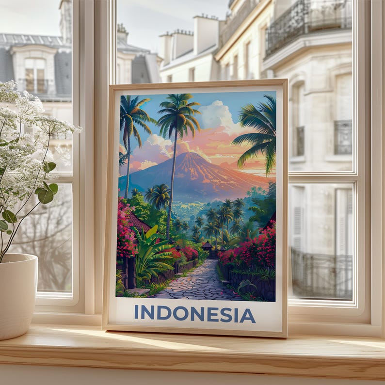 Bali Poster, Indonesia Travel Print, Tropical Island Art, Mountains Illustration, Scenic Wall Art, Home Decor, Birthday Gift
