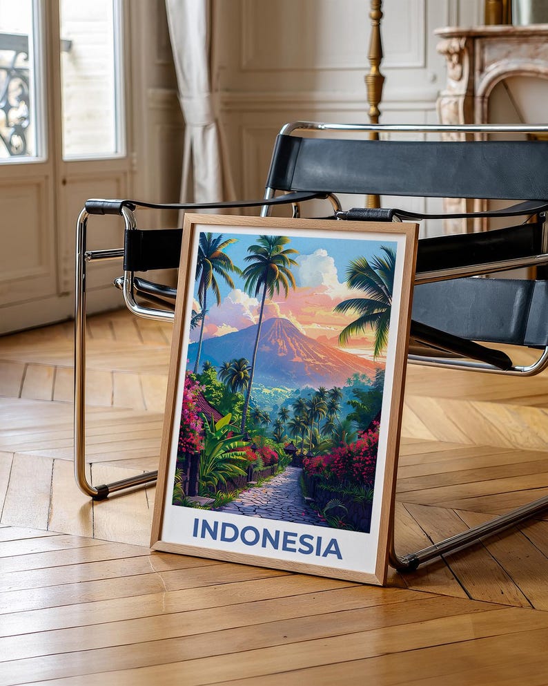 Bali Poster, Indonesia Travel Print, Tropical Island Art, Mountains Illustration, Scenic Wall Art, Home Decor, Birthday Gift