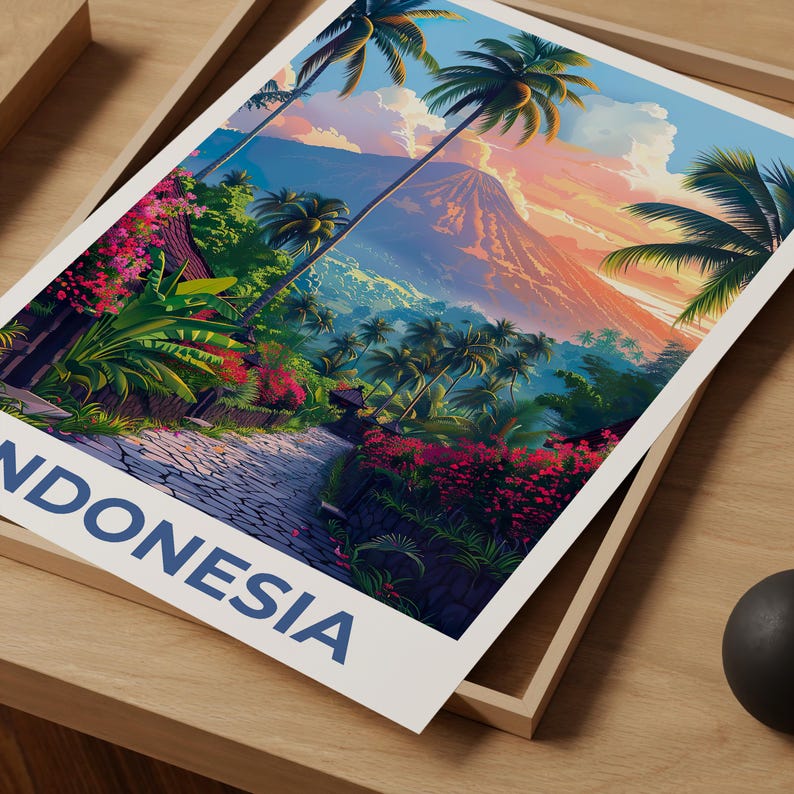 Bali Poster, Indonesia Travel Print, Tropical Island Art, Mountains Illustration, Scenic Wall Art, Home Decor, Birthday Gift