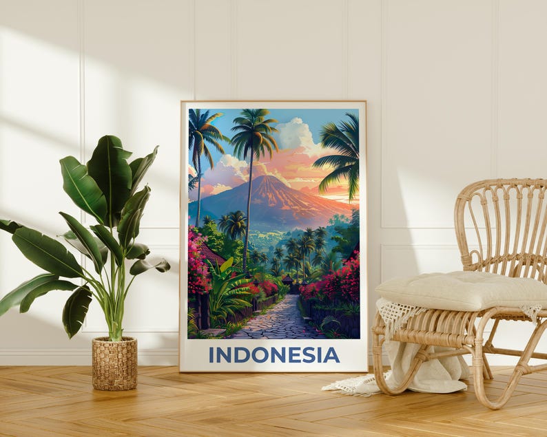 Bali Poster, Indonesia Travel Print, Tropical Island Art, Mountains Illustration, Scenic Wall Art, Home Decor, Birthday Gift