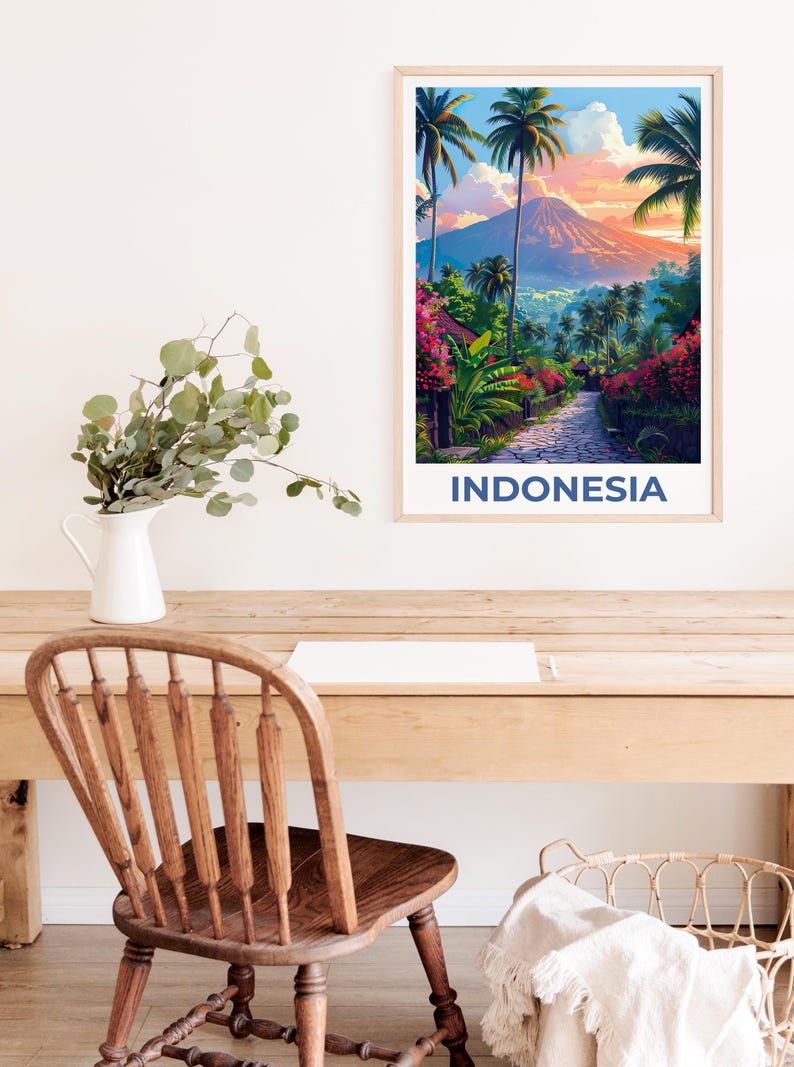 Bali Poster, Indonesia Travel Print, Tropical Island Art, Mountains Illustration, Scenic Wall Art, Home Decor, Birthday Gift