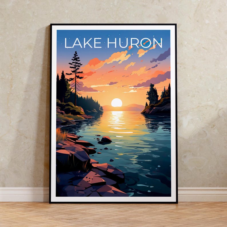 Lake Huron Travel Print, Michigan Poster, Great Lakes Wall Art, Michigan Illustration, Lake Huron Poster, Home Decor, Birthday Gift